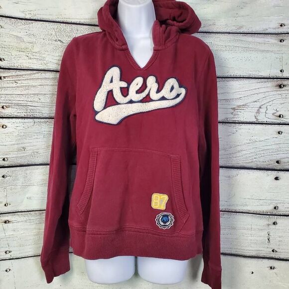 Aeropostale Women’s Pullover Hoodie XL Maroon Chenille Logo Kangaroo Pocket - Picture 1 of 6
